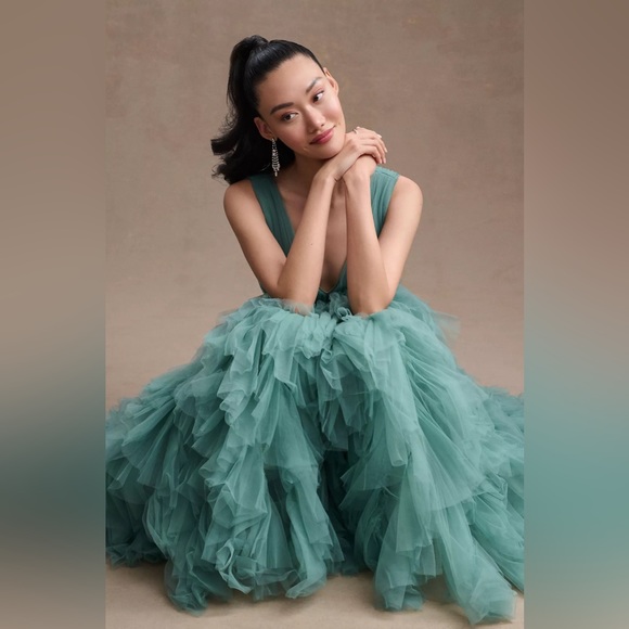 Anthropologie Mac Duggal A-Line Deep-V Ruffled Tulle Midi Dress - Picture 4 of 10